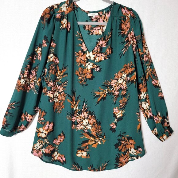Maurices Womens Tunic 1X Pull Over Long Sleeve V neck Green & Orange Floral - Picture 1 of 11